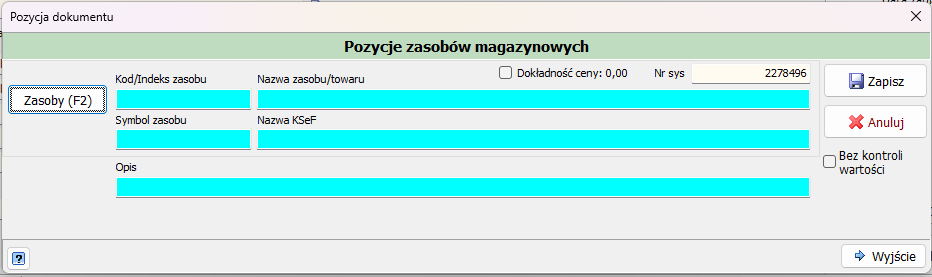Okno pozycji dokumentu