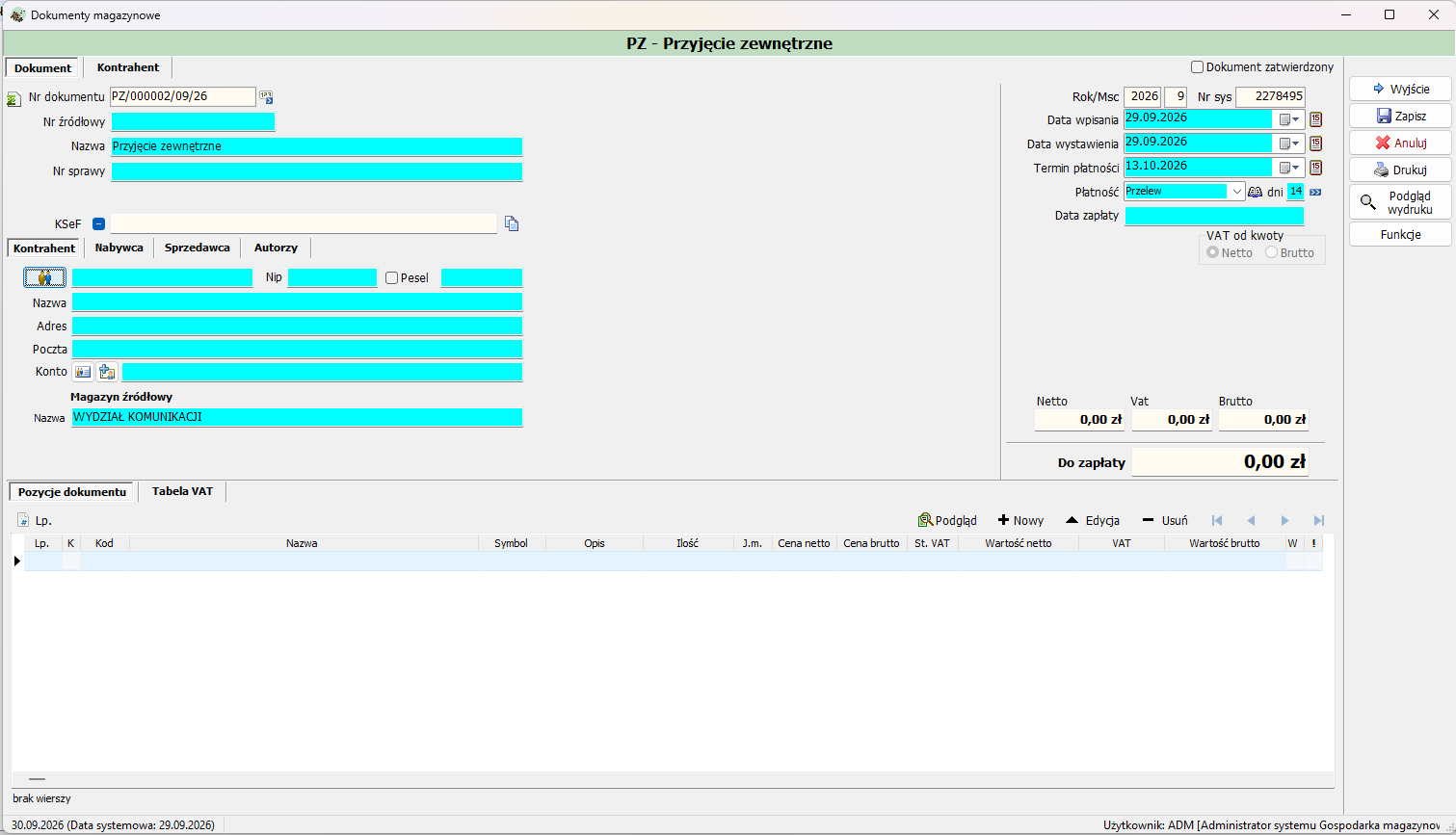 Nowy dokument PZ — wersja 1.0.4