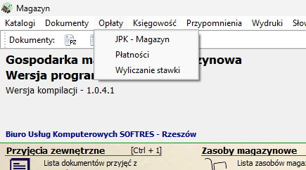 Menu Opłaty