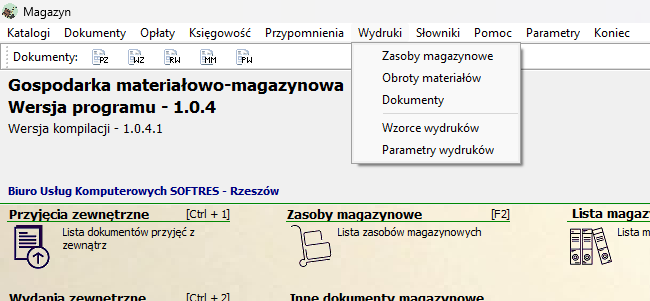 Menu Wydruki