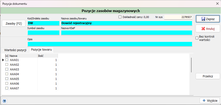 Wygenerowane egzemplarze na zakładce Pozycje towaru